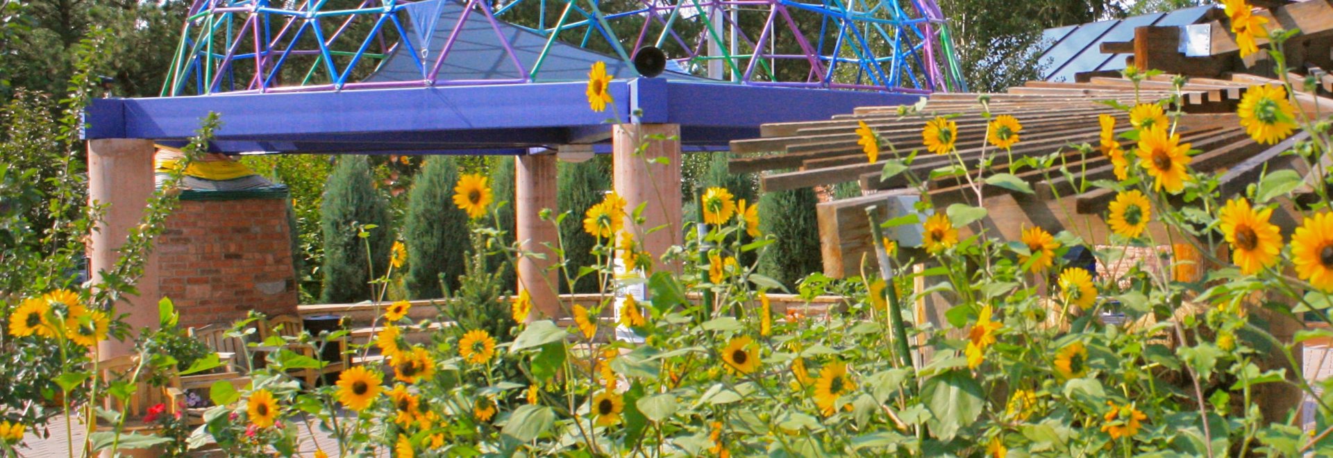 A colorful geodesic dome surrounded by sunflowers and greenery, with wooden structures in the background under a clear sky.
