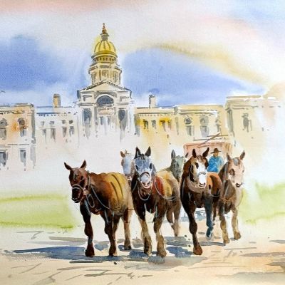 Watercolor Painting of Wyoming's Capitol building and horses on a dirt road