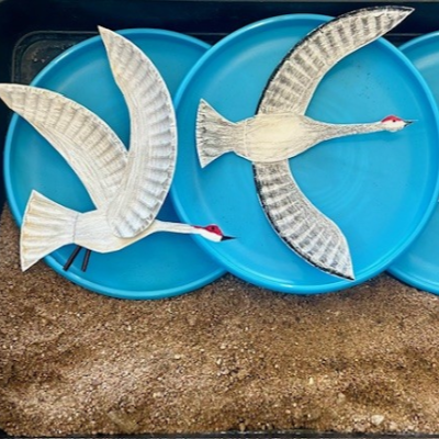 Crane flying over blue sky