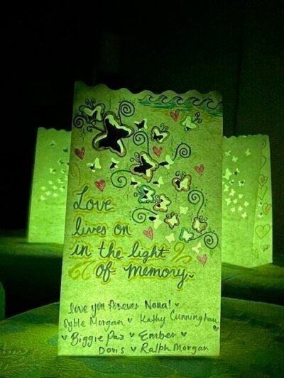 Luminary bag decorated with markers and punched out holes.