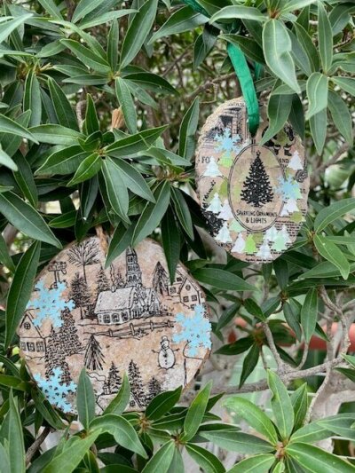 Handmade decoupage wood ornaments.